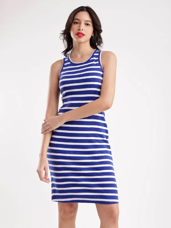 Chic dresses for work -Cotton Striped Dress - Blue And White