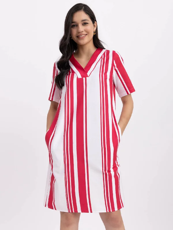 Boho style maxi dresses -Cotton Striped Dress - Red And White