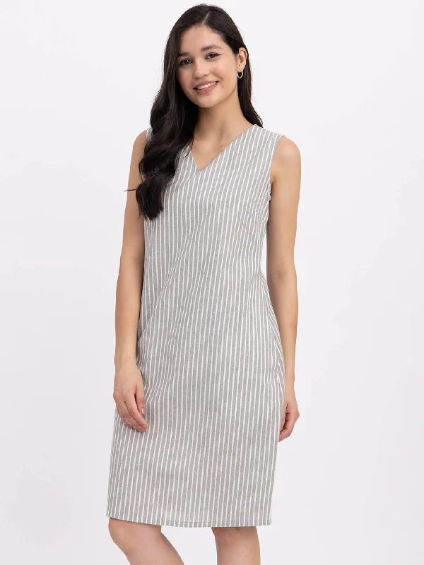 Formal work dresses -Cotton Striped Shift Dress - Olive