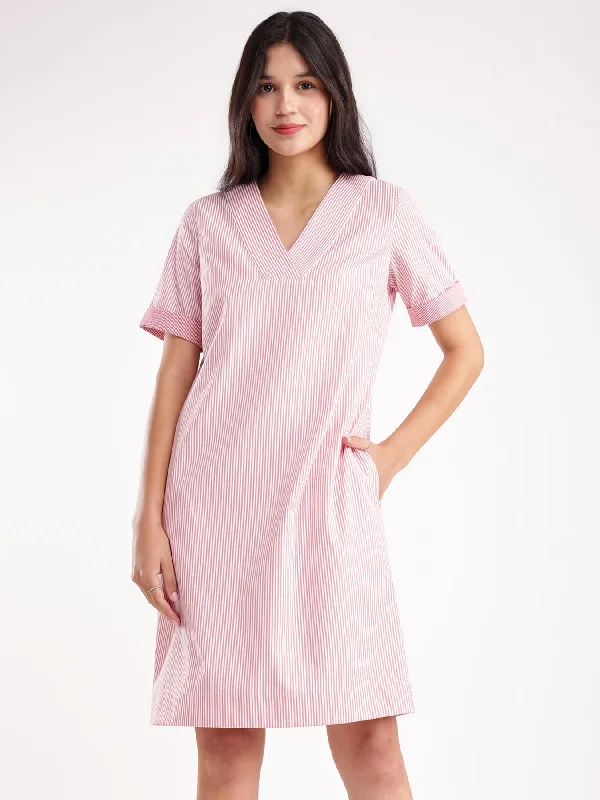 Dresses for tropical vacations -Cotton Striped Shift Dress - Red And White