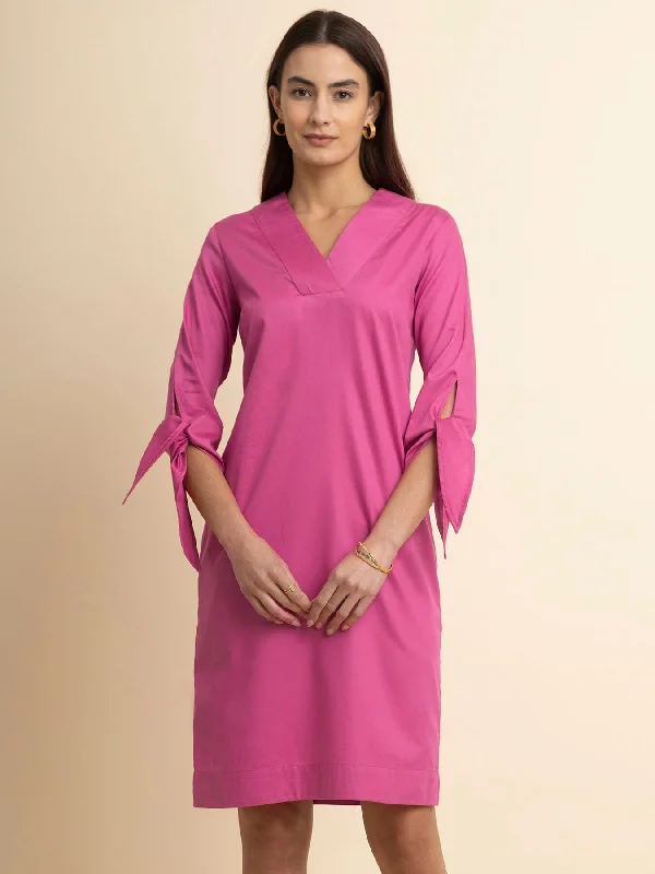 Romantic dresses for evening -Cotton Tie-Up Dress - Pink