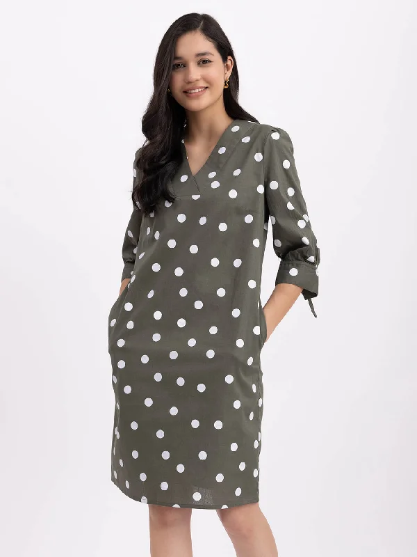 Wrap dresses for women -Cotton Tie-Up Sleeves Dress - Olive And White