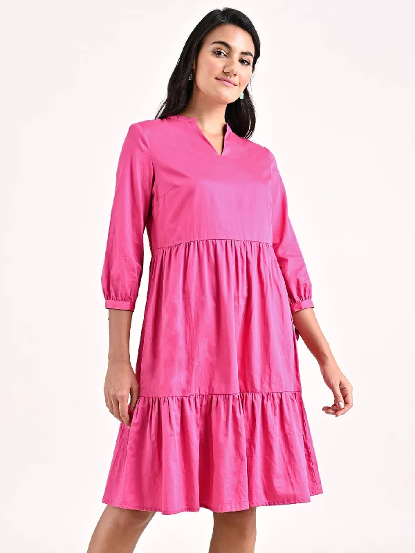 Modest wedding dresses -Cotton Tiered Dress - Fuchsia