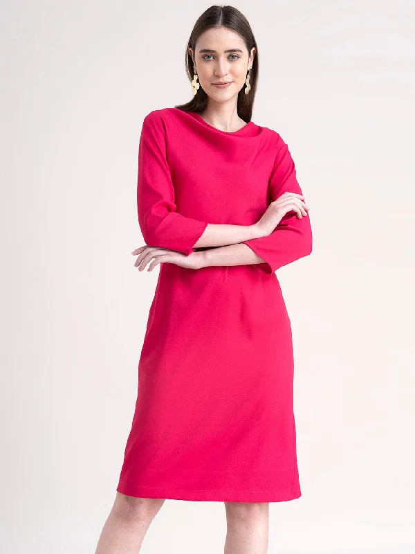 Colorful maxi dresses for women -Cowl Neck Shift Dress - Fuchsia