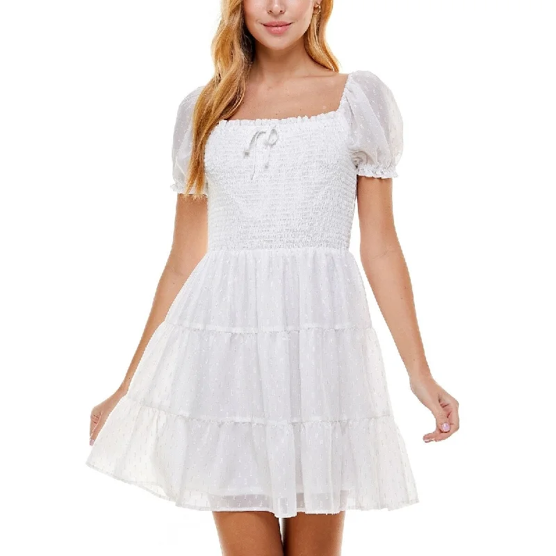 Dresses with open back for women -Crystal Doll Junior's Clip Dot Smocked Dress White Size Medium