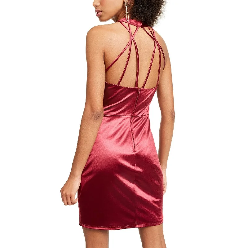 Dresses with sheer details -Crystal Doll Junior's Strappy Satin Halter Dress Wine Size 15