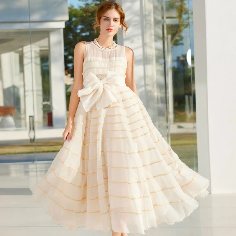 Chic party dresses -Cute Crew Neck Bow Tie High Waist A Line Sleeveless Striped Tulle Maxi Dress