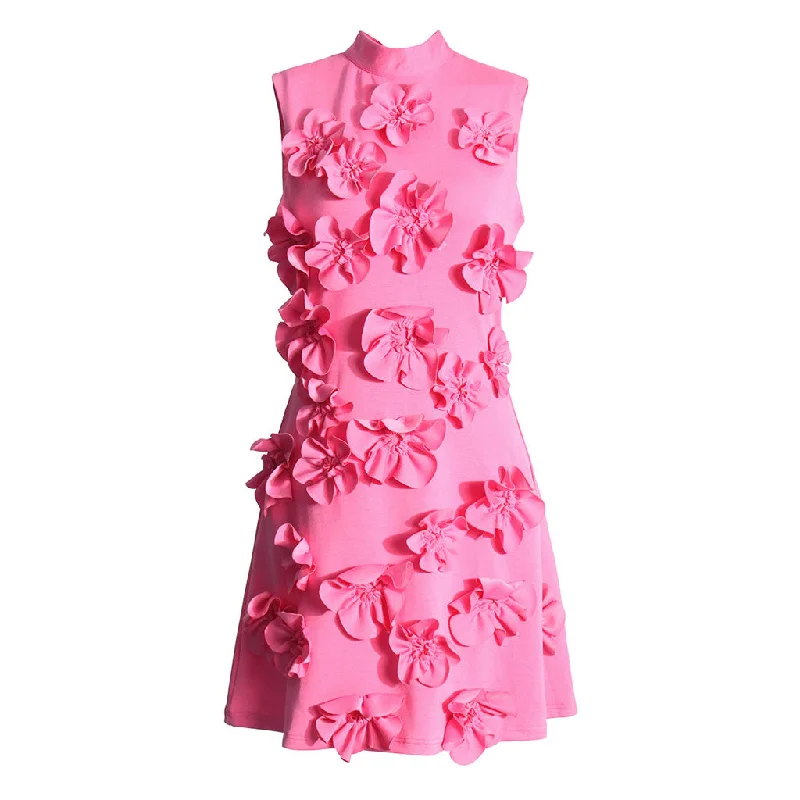 Dresses with floral prints -Cute Mock Neck Bow Tie Back Sleeveless A Line Rosette Mini Dress