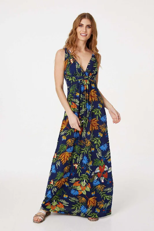 High fashion dresses -Tropical Print Plunge Maxi Dress