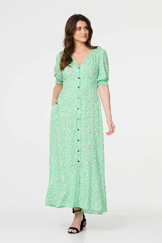 Soft fabric dresses -Ditsy Floral 1/2 Puff Sleeve Maxi Dress