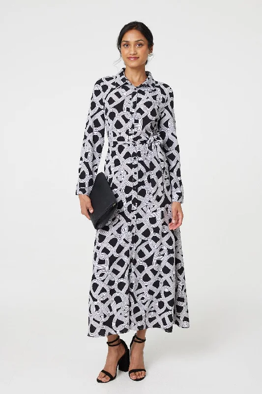 Shift dresses for work -Printed Long Sleeve Shirt Maxi Dress