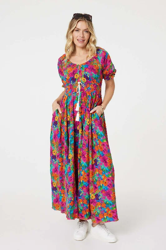 Comfortable dresses for women -Floral Drawstring Empire Waist Maxi Dress