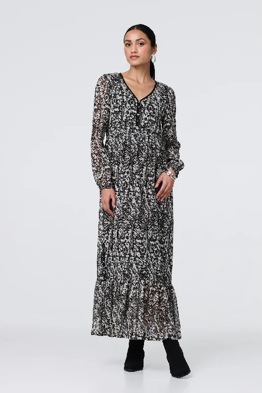 Spaghetti strap dresses -Leaf Print Long Sleeve Relaxed Maxi Dress