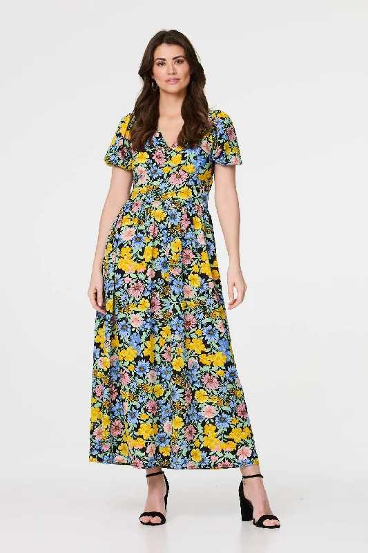 Off-the-shoulder dress styles -Floral Puff Sleeve Cut Out Maxi Dress