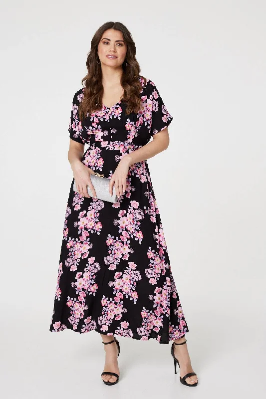 Black dress for evening -Floral V-Neck Maxi Dress with Belt