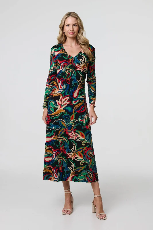 Off-shoulder dresses -Printed Zip Front Long Sleeve Maxi Dress