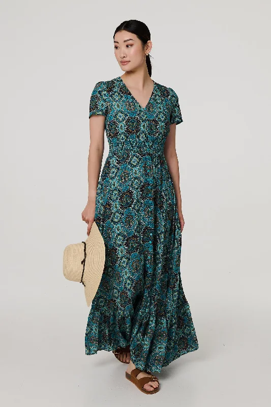 Formal wear dresses -Mosaic Print Short Sleeve Smock Maxi Dress