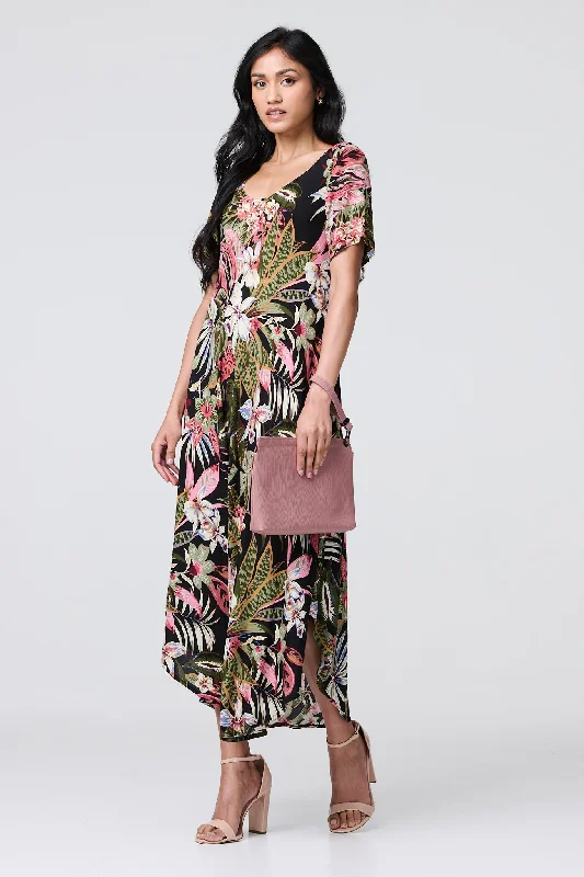 Trendy dresses for women -Tropical Print 1/2 Sleeve Maxi Dress