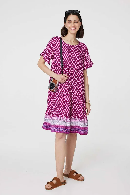 Bodycon dresses for evening -Printed Short Sleeve Tiered Smock Dress