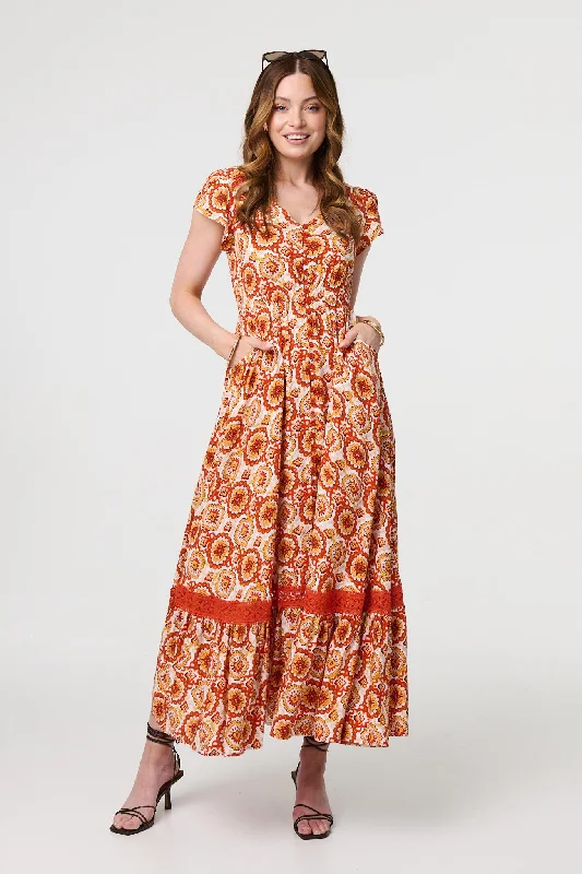 Chic dresses for women -Paisley Cap Sleeve Lace Trim Maxi Dress