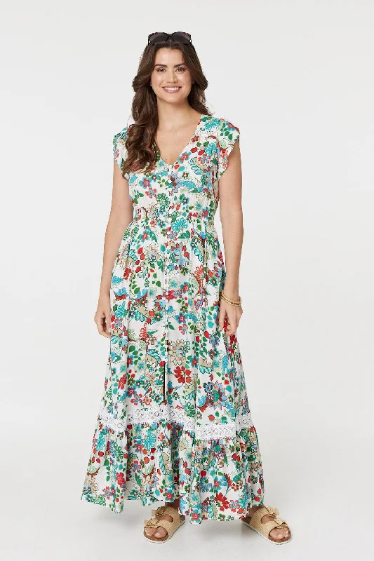 Dresses for vacations -Vintage Boho Print Cap Sleeve Maxi Dress