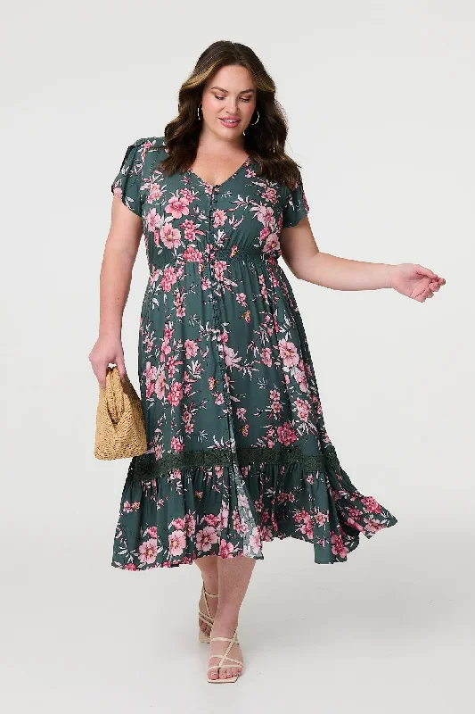 Office dresses for work -Floral Short Sleeve Lace Trim Maxi Dress