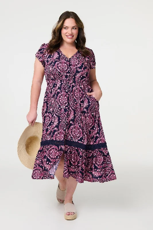 Cotton dresses for women -Printed Short Sleeve Lace Trim Maxi Dress