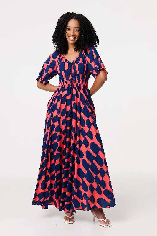 Little white dresses -Printed V-Neck Short Puff Sleeve Maxi Dress