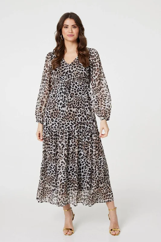 Day dresses for women -Animal Print Semi Sheer Tiered Maxi Dress