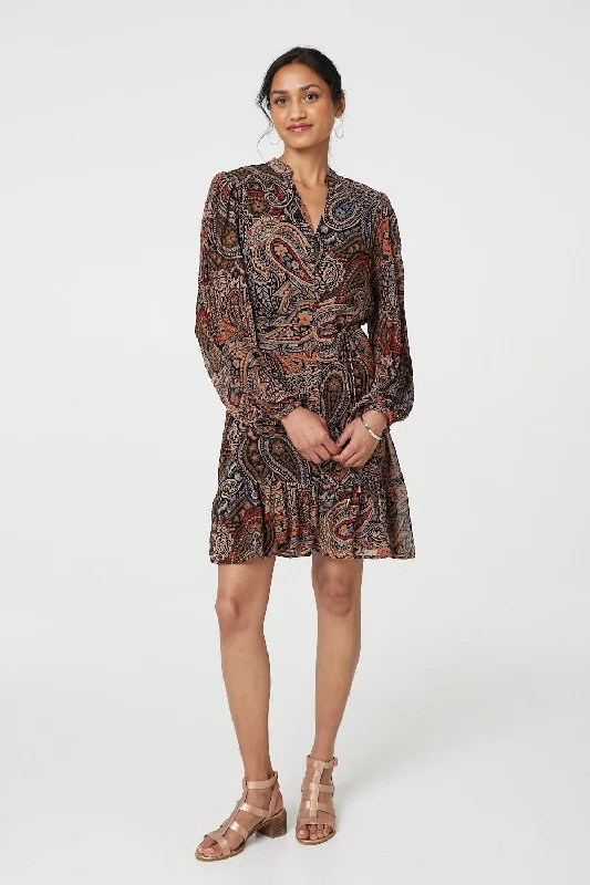 Dresses for stylish vacations -Paisley Print Tie Waist Short Dress