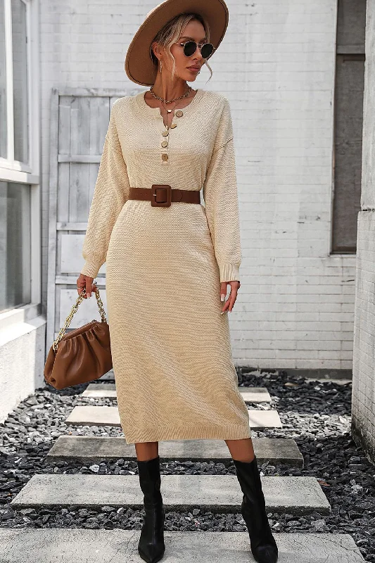 Comfortable dresses for weekends -Decorative Button Notched Dropped Shoulder Sweater Dress