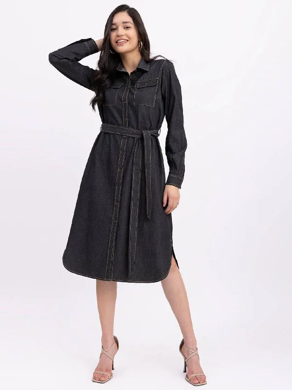 Knit dresses for women -Denim Button Down Dress - Black