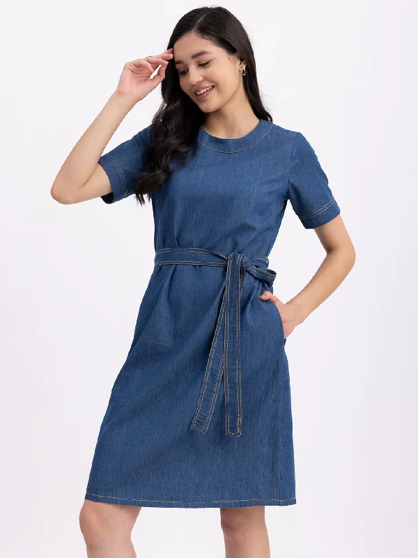 Little red dress -Denim Round Neck Dress - Navy Blue