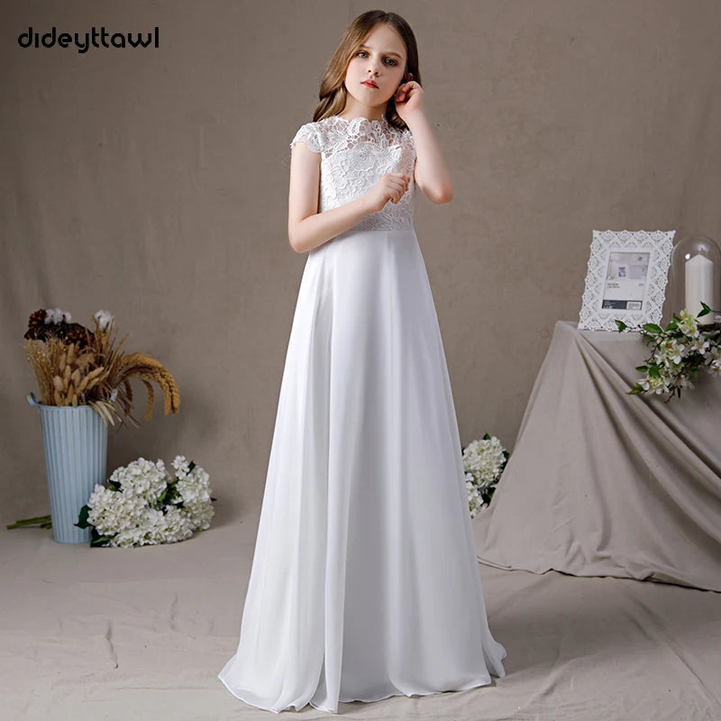 Elegant cocktail party dresses -Dideyttawl Lace Chiffon First Communion Gown | A-Line High Neck Junior Bridesmaid Dress with Cap Sleeves