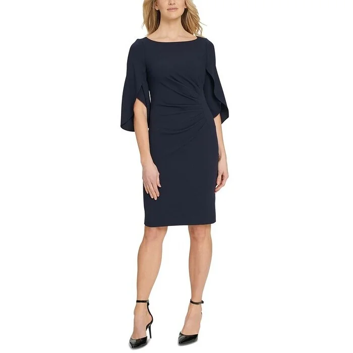 Dresses for Christmas party -Dkny Womens Ruched Zippered Tulip 3/4 Sleeve Above the Knee Wear to Work Sheath Dress Blue Size 8