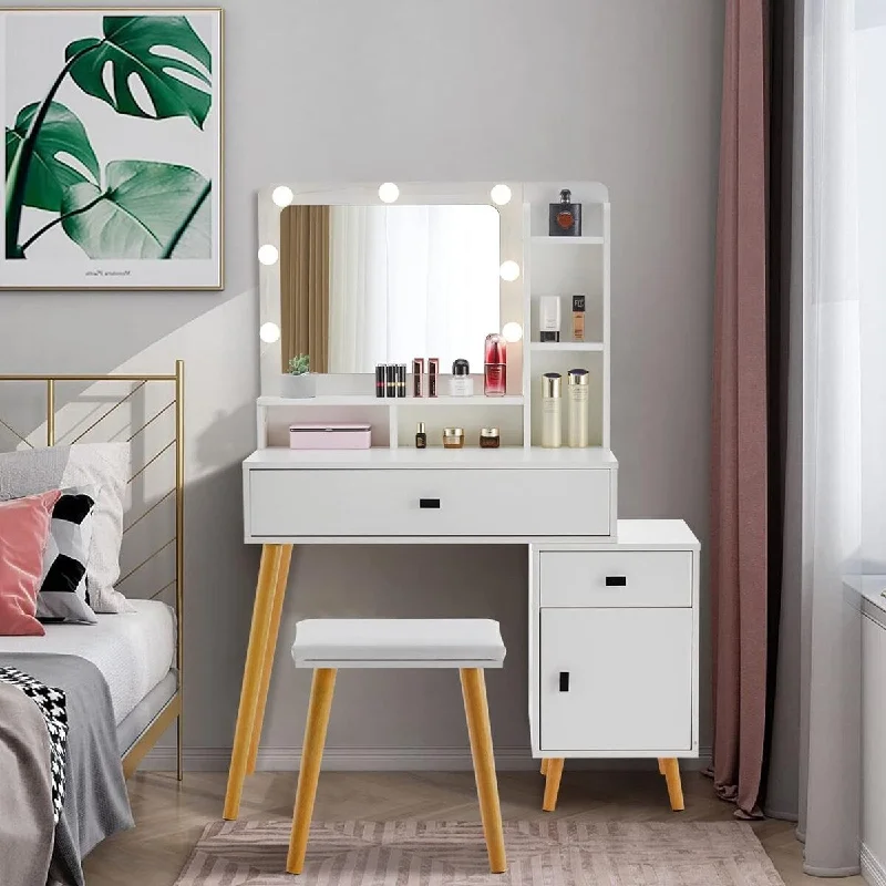 Elegant casual dresses -Dressing Table and Padded Stool Set with Hollywood LED Mirror