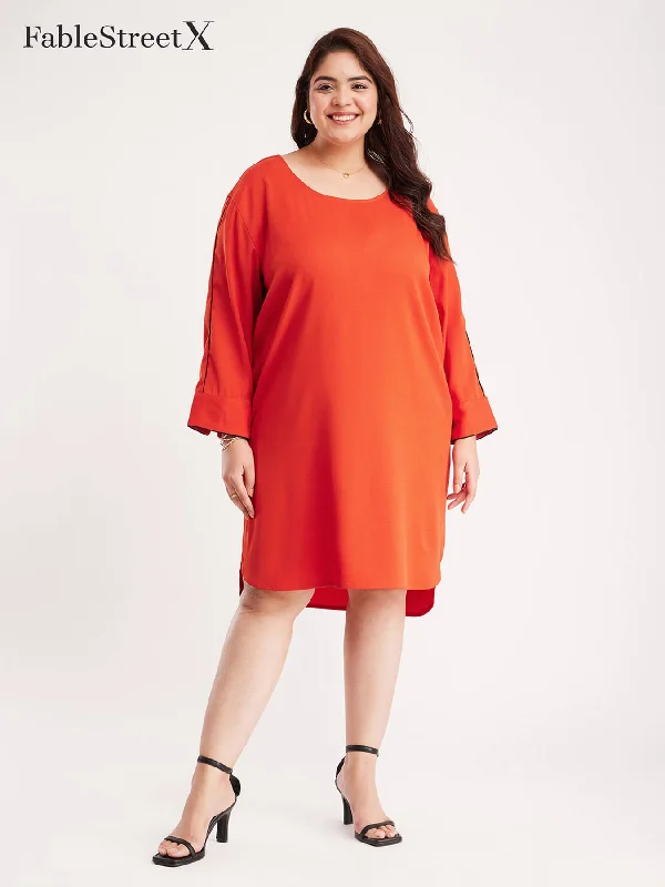 Dress for upscale dinner parties -Drop Shoulder Shift Dress - Rust