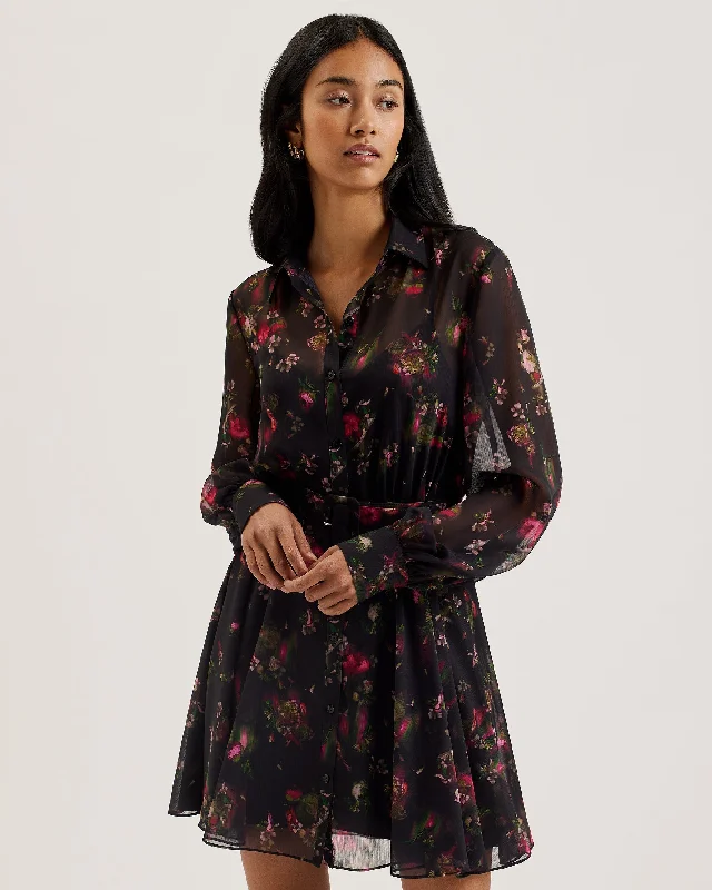 Holiday dresses with sparkles -Ebene Collared Printed Button Down Mini Dress Black