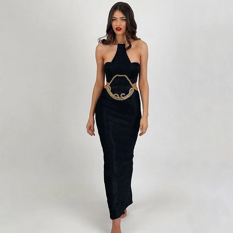 Dress for casual evening -Edgy Chain Linked Halter Backless Cut Out Slit Textured Bandage Maxi Evening Dress