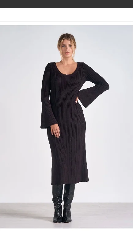 Casual summer dresses -Elan Maxi L/S Scoop Neck Cable Knit Black Sweater Dress