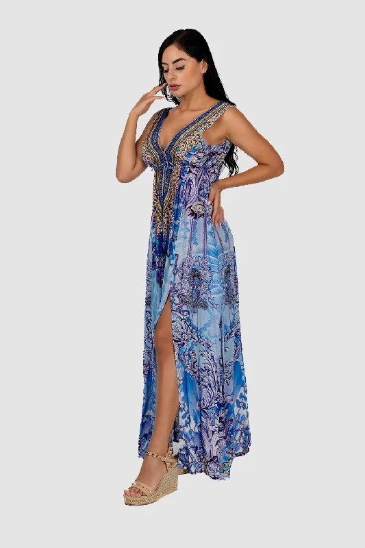 Casual dinner dresses -Elegance Blue Slit Maxi Dress