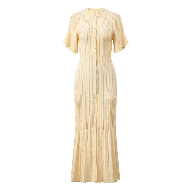 Dresses for dinner parties -Elegant Pointelle Knit Sleeve Button Up Ribbed Pleated Fishtail Sweater Maxi Dress