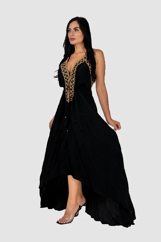 Lace dresses for evening wear -Embroidered Black Maxi Dress