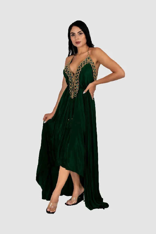 Dresses with ruffled skirts -Embroidered Emerald Maxi Dress