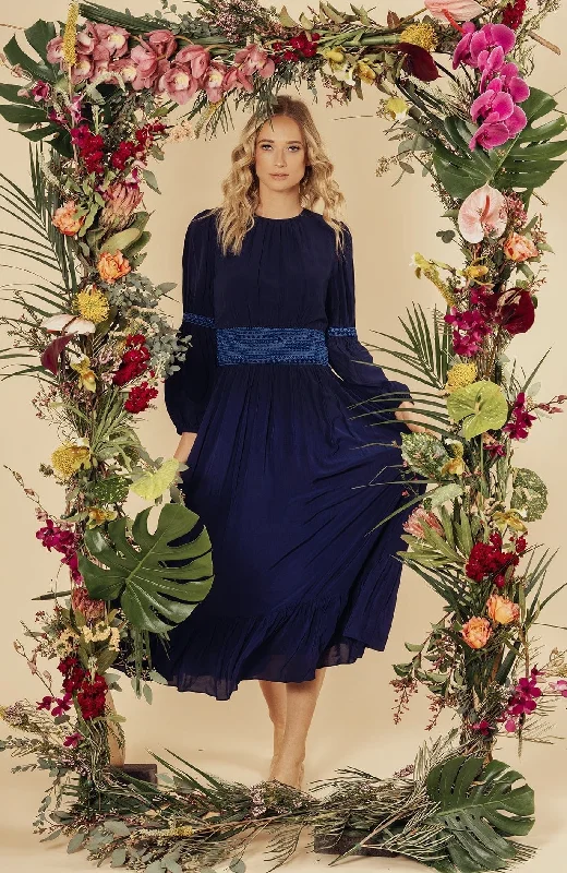 Day-to-night dresses -Embroidered Waist Dress-Blue