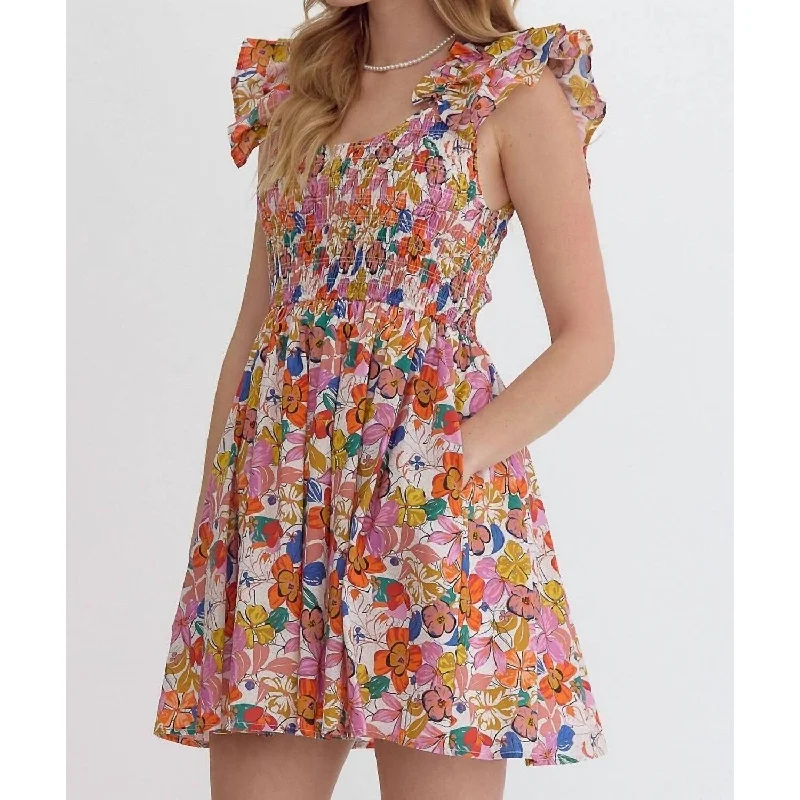 Dresses for parties with friends -Entro - Blooming Beauty Mini Dress With Ruffle Detail And Smocked Bodice