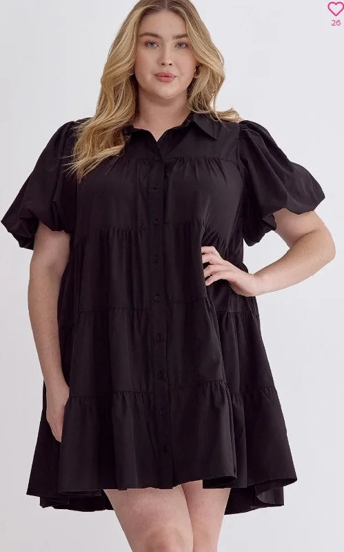 Casual sundresses for women -[entro] Button Up Tiered Dress-Black [Plus]