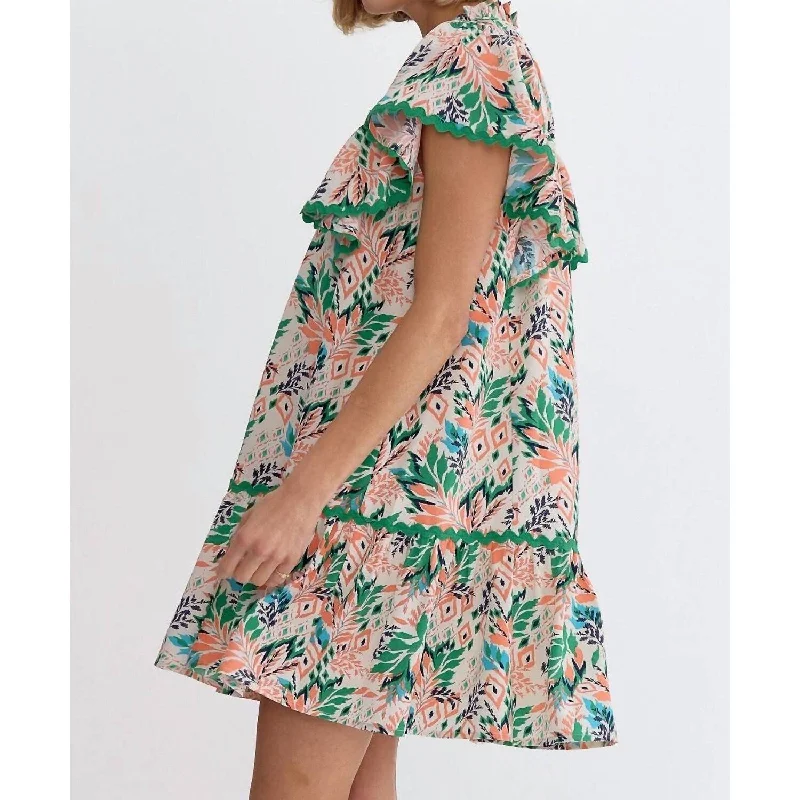 Long dresses with stylish sleeves -Entro - Leaf Print V-Neck Mini Dress