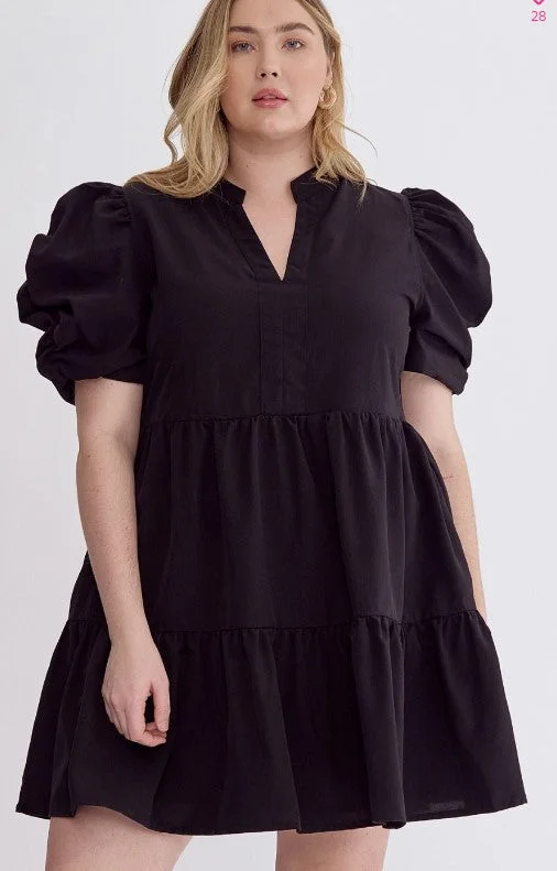 Comfy dresses for travel -[entro] Puff Sleeve Tiered Dress-Black [Plus]