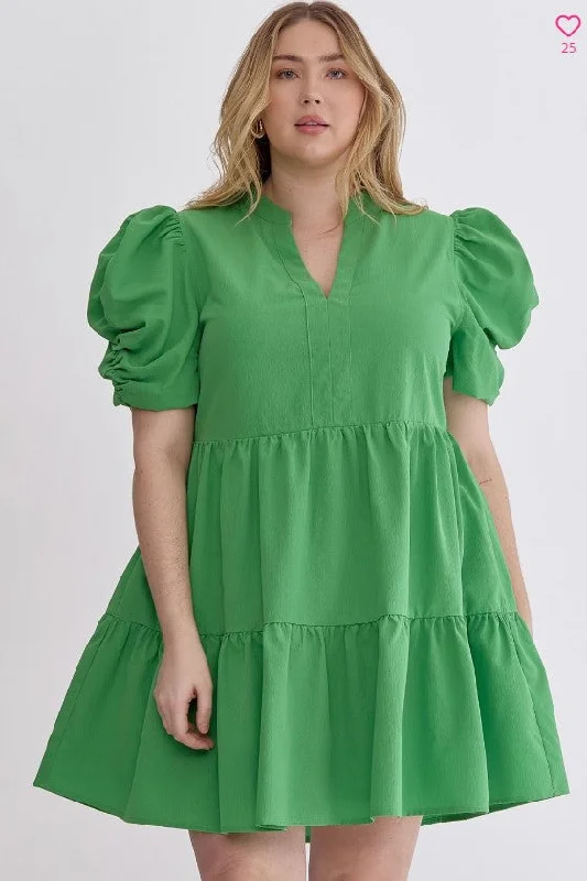 Summer dresses for weddings -[entro] Puff Sleeve Tiered Dress-Green [Plus]